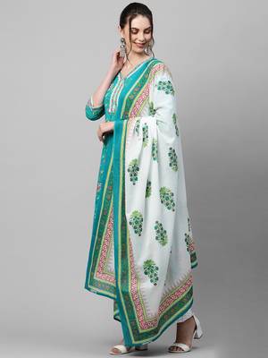 Indo Era Green Printed Straight Kurta Palazzo With Dupatta Set 3