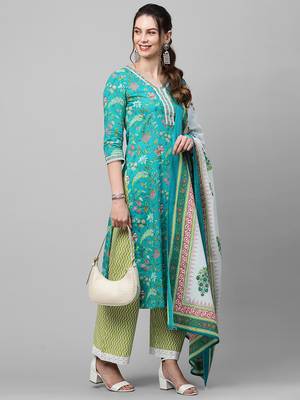 Indo Era Green Printed Straight Kurta Palazzo With Dupatta Set 4
