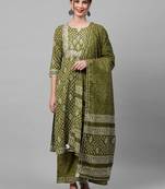 Indo Era Green Printed Straight Kurta Palazzo With Dupatta Set