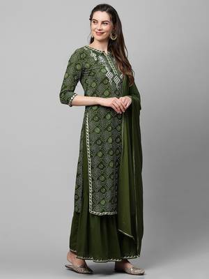 Indo Era Green Printed Straight Kurta Sharara With Dupatta Set 4