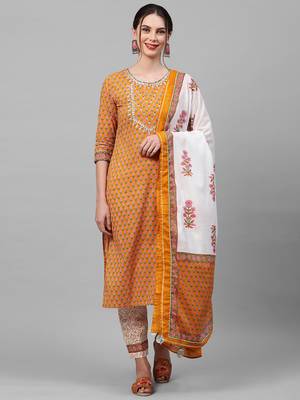 Indo Era Mustard Printed Straight Kurta Trouser With Dupatta Set 1