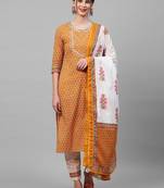 Indo Era Mustard Printed Straight Kurta Trouser With Dupatta Set