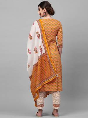 Indo Era Mustard Printed Straight Kurta Trouser With Dupatta Set 2
