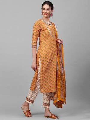 Indo Era Mustard Printed Straight Kurta Trouser With Dupatta Set 3