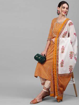 Indo Era Mustard Printed Straight Kurta Trouser With Dupatta Set 4