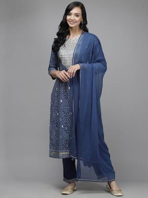 Indo Era Navy Blue Printed Straight Kurta  Palazzo With Dupatta Set 1