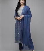 Indo Era Navy Blue Printed Straight Kurta  Palazzo With Dupatta Set