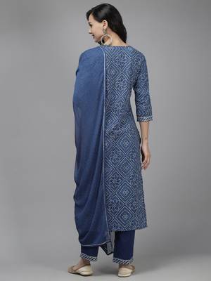 Indo Era Navy Blue Printed Straight Kurta  Palazzo With Dupatta Set 2