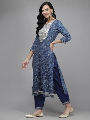 Indo Era Navy Blue Printed Straight Kurta  Palazzo With Dupatta Set 3