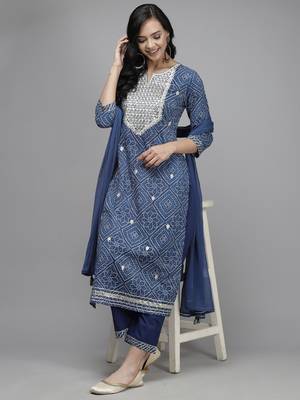 Indo Era Navy Blue Printed Straight Kurta  Palazzo With Dupatta Set 4