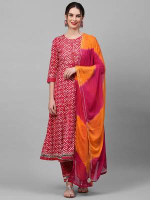 Indo Era Pink Printed A - Line Kurta Trouser With Dupatta Set 1