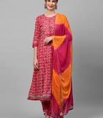 Indo Era Pink Printed A - Line Kurta Trouser With Dupatta Set