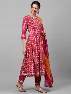 Indo Era Pink Printed A - Line Kurta Trouser With Dupatta Set 3