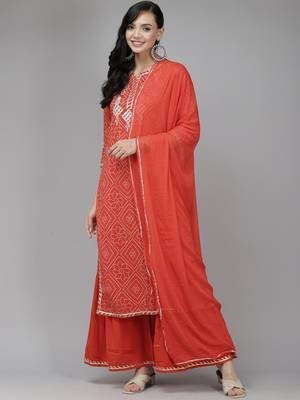 Indo Era Red Printed Straight Kurta Sharara With Dupatta Set 1