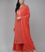 Indo Era Red Printed Straight Kurta Sharara With Dupatta Set