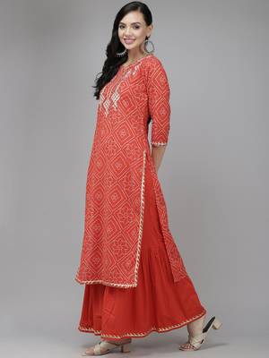 Indo Era Red Printed Straight Kurta Sharara With Dupatta Set 3