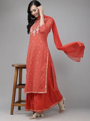 Indo Era Red Printed Straight Kurta Sharara With Dupatta Set 4