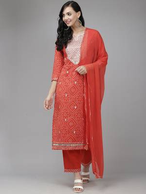Indo Era Red Printed Straight Kurta Palazzo With Dupatta Set 1