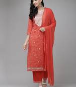 Indo Era Red Printed Straight Kurta Palazzo With Dupatta Set