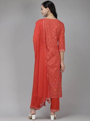 Indo Era Red Printed Straight Kurta Palazzo With Dupatta Set 2