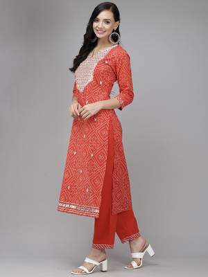 Indo Era Red Printed Straight Kurta Palazzo With Dupatta Set 3