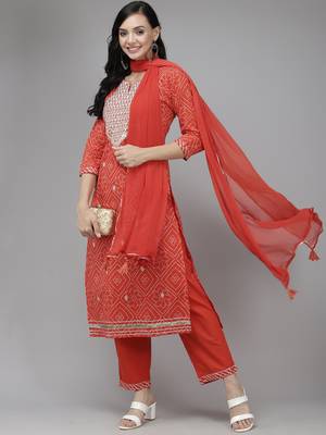 Indo Era Red Printed Straight Kurta Palazzo With Dupatta Set 4
