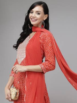 Indo Era Red Printed Straight Kurta Palazzo With Dupatta Set 5