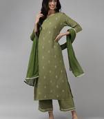 Indo Era Green Embroidred Straight Kurta Palazzo With Dupatta Set