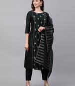 Indo Era Green Embroidred A - Line Kurta Trouser With Dupatta Set