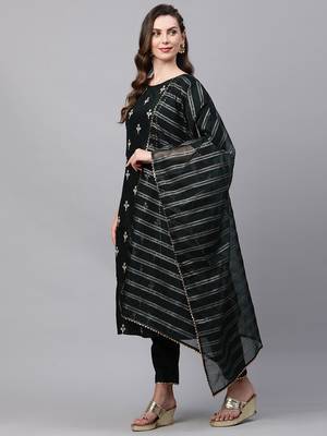 Indo Era Green Embroidred A - Line Kurta Trouser With Dupatta Set 3