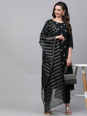 Indo Era Green Embroidred A - Line Kurta Trouser With Dupatta Set 4