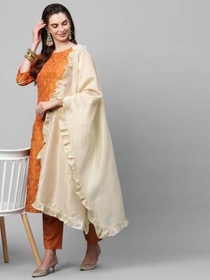 Indo Era Mustard Embroidred A - Line Kurta Trouser With Dupatta Set 1