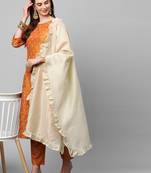 Indo Era Mustard Embroidred A - Line Kurta Trouser With Dupatta Set