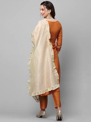 Indo Era Mustard Embroidred A - Line Kurta Trouser With Dupatta Set 2