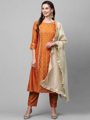 Indo Era Mustard Embroidred A - Line Kurta Trouser With Dupatta Set 4
