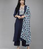 Indo Era Navy Blue Solid Straight Kurta Palazzo With Dupatta Set