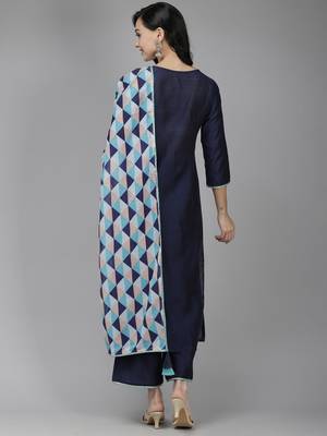 Indo Era Navy Blue Solid Straight Kurta Palazzo With Dupatta Set 2