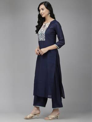 Indo Era Navy Blue Solid Straight Kurta Palazzo With Dupatta Set 3