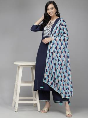 Indo Era Navy Blue Solid Straight Kurta Palazzo With Dupatta Set 4