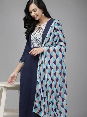 Indo Era Navy Blue Solid Straight Kurta Palazzo With Dupatta Set 5