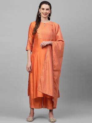 Indo Era Orange Printed Yoke Straight Kurta Palazzo With Dupatta Set 1