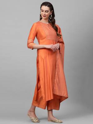 Indo Era Orange Printed Yoke Straight Kurta Palazzo With Dupatta Set 3