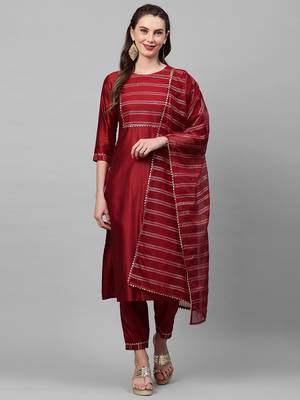 Indo Era Red Solid Straight Kurta Trouser With Dupatta Set 1