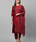 Indo Era Red Solid Straight Kurta Trouser With Dupatta Set
