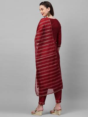 Indo Era Red Solid Straight Kurta Trouser With Dupatta Set 2