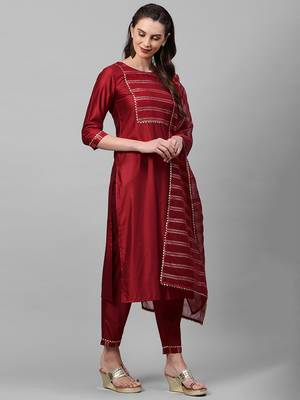Indo Era Red Solid Straight Kurta Trouser With Dupatta Set 3