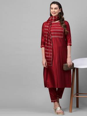 Indo Era Red Solid Straight Kurta Trouser With Dupatta Set 4