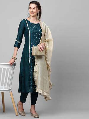 Indo Era Teal Embroidred A - Line Kurta Traouser With Dupatta Set 1