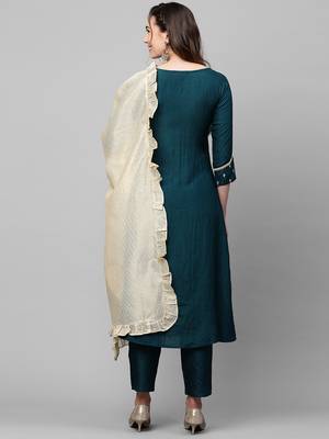 Indo Era Teal Embroidred A - Line Kurta Traouser With Dupatta Set 2