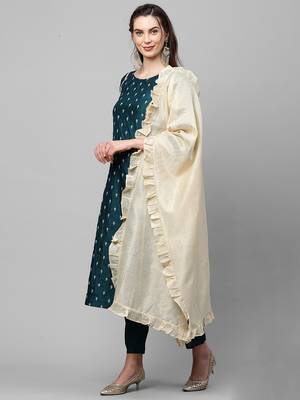 Indo Era Teal Embroidred A - Line Kurta Traouser With Dupatta Set 3